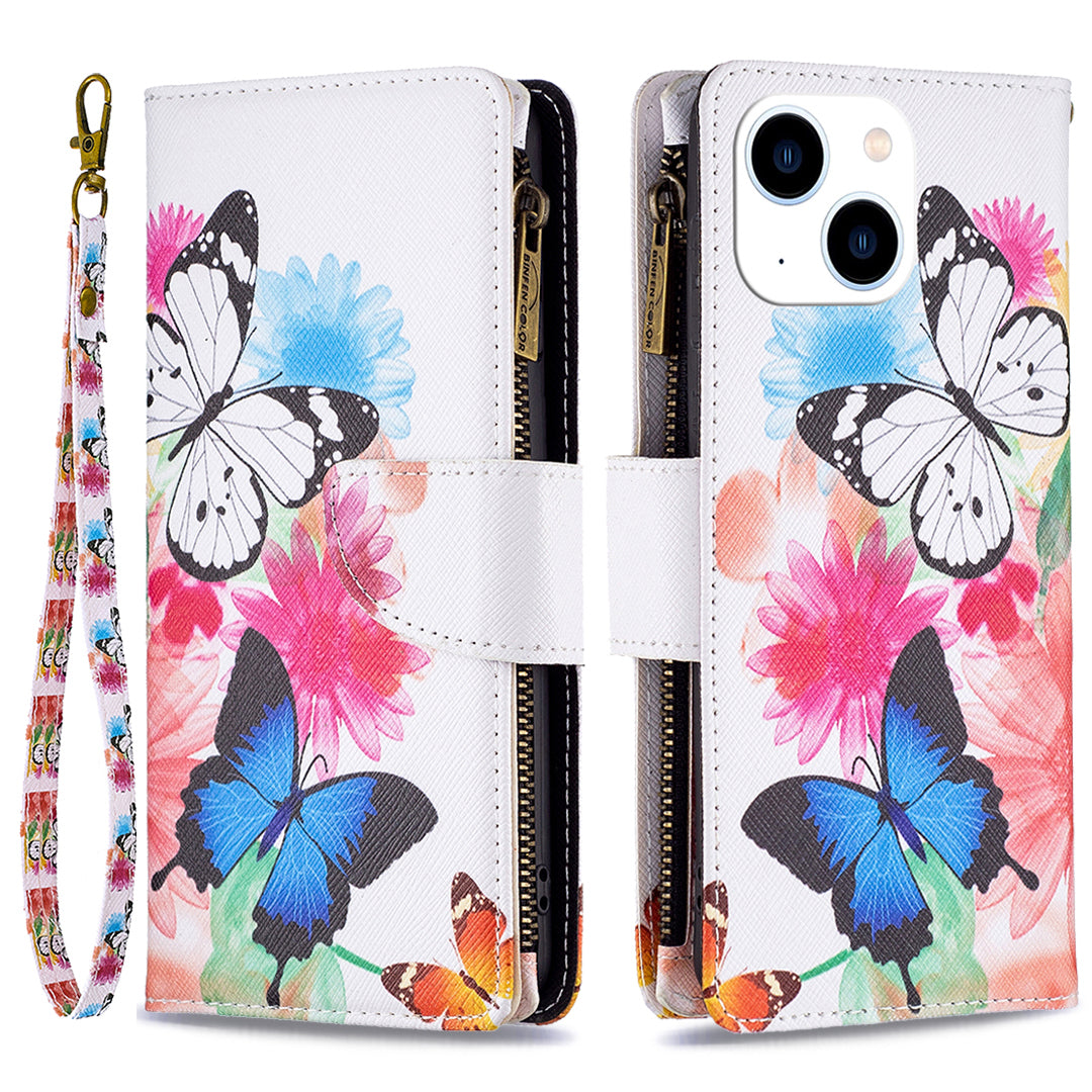 BF03 PU Leather Zipper Pocket Phone Case for iPhone 15 , Pattern Printing Stand Wallet Cover - Two Butterflies BF03 PU Leather Zipper Pocket Phone Case for iPhone 15 , Pattern Printing Stand Wallet Cover - Two Butterflies